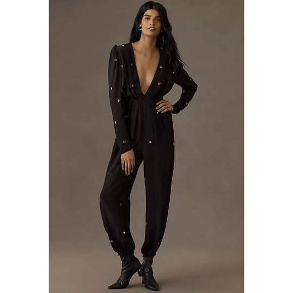 Anthropologie Farm Rio Black Mirror Embroidered Jumpsuit Beaded Large NWT - Picture 1 of 4